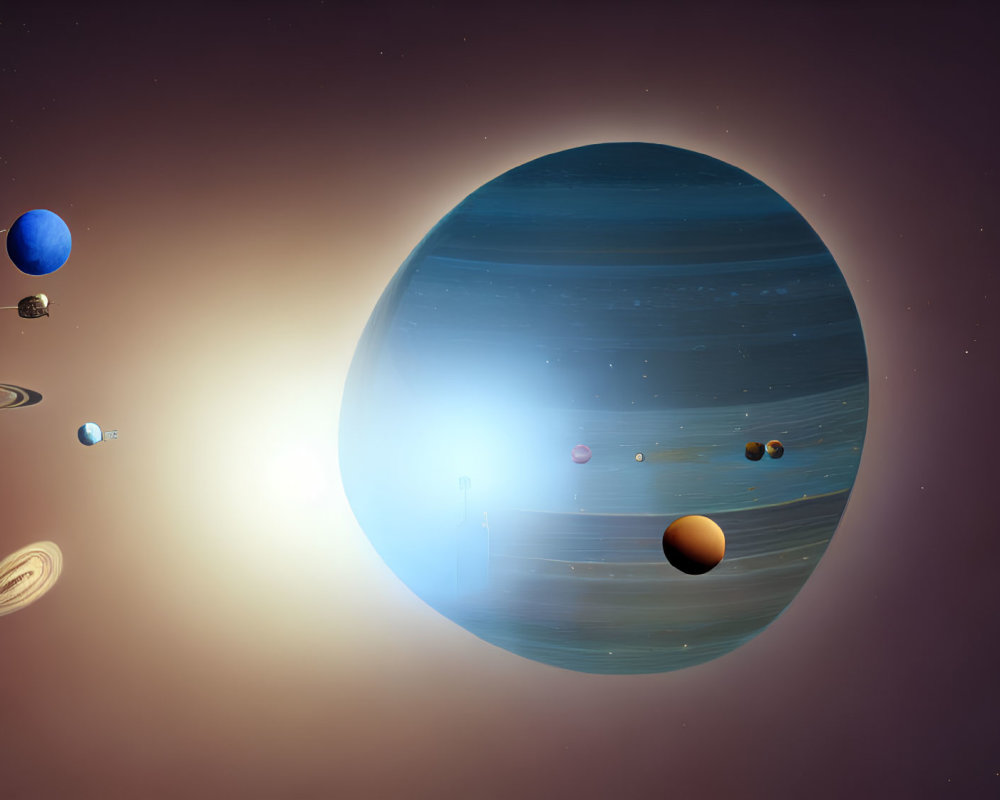 Solar system planets with Saturn's rings and Sun on starry backdrop