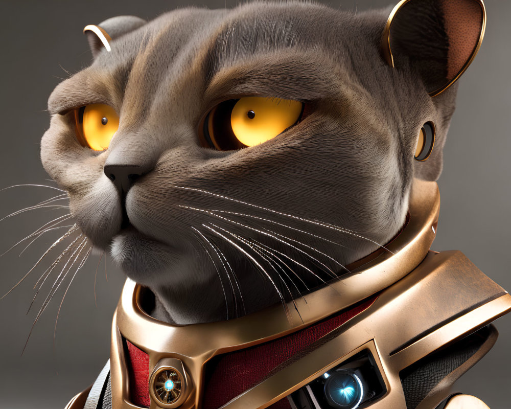 Detailed 3D rendering of anthropomorphized cat with orange eyes and sci-fi collar