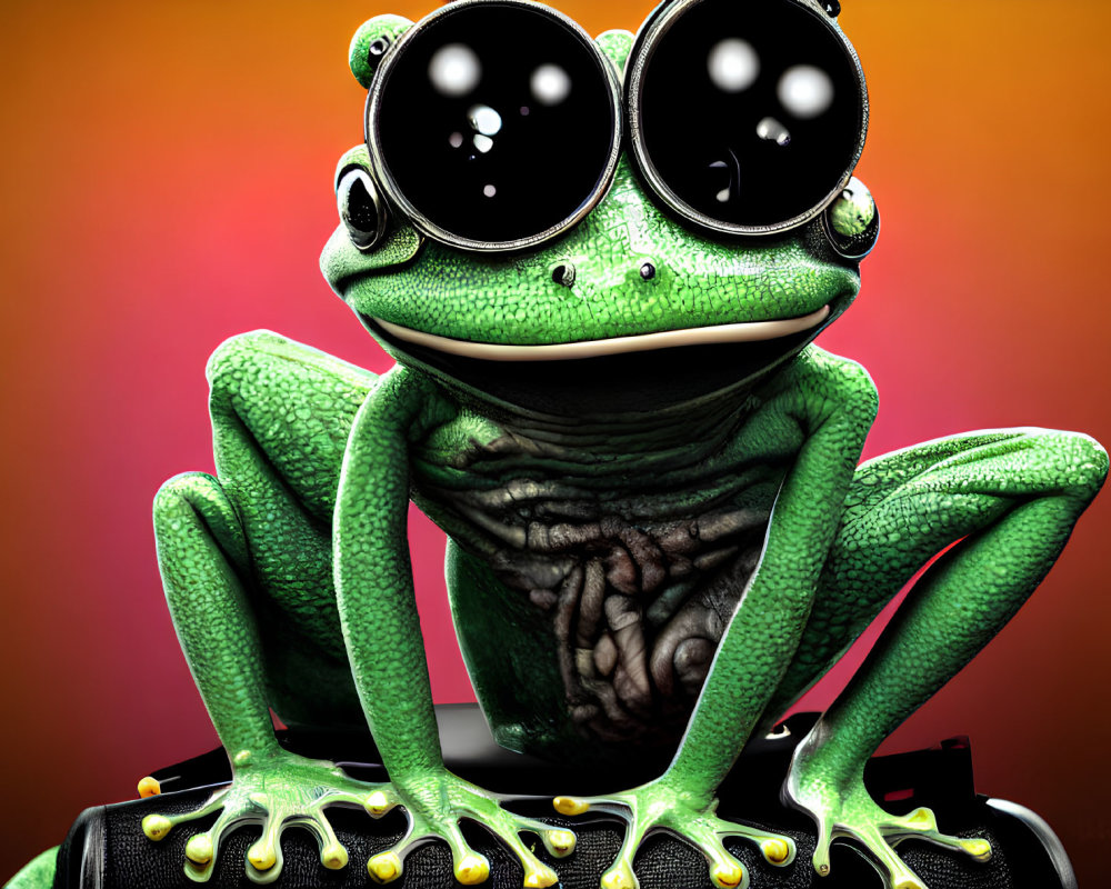 Stylized green frog with shiny black eyes on gradient background