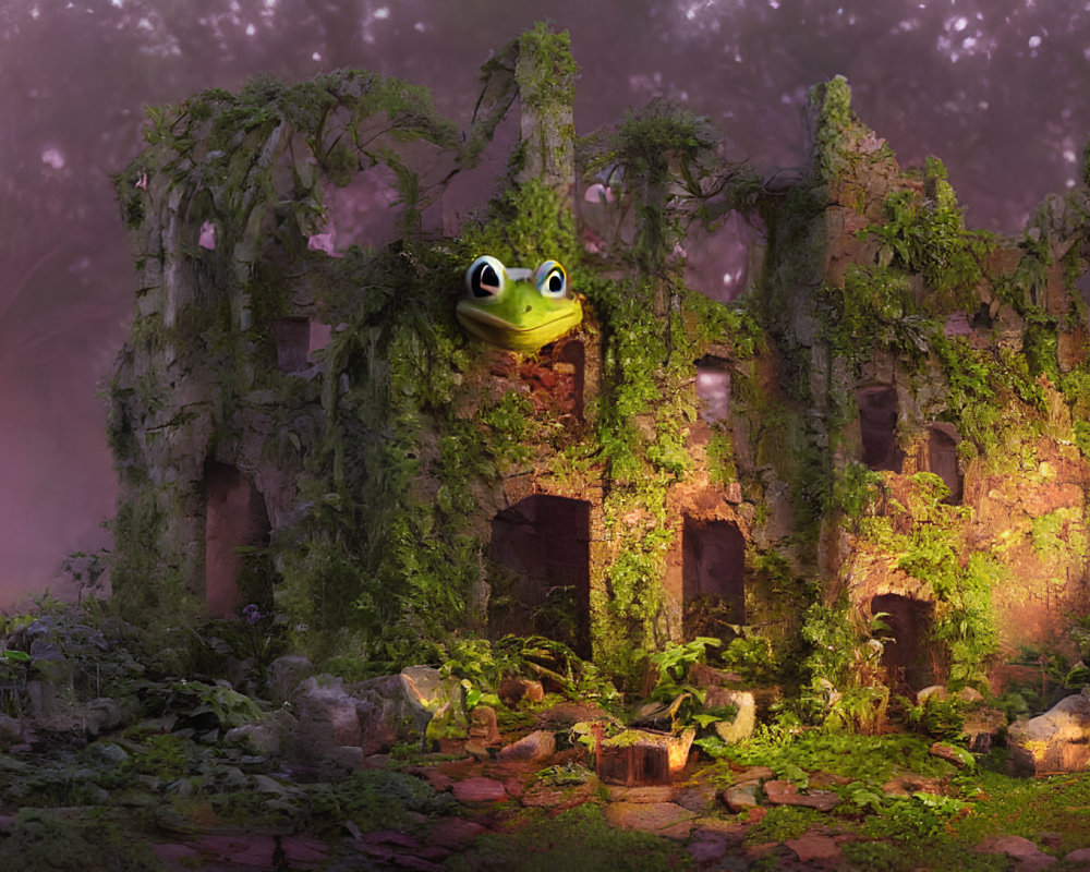 Whimsical frog in ancient ruins under starlit sky