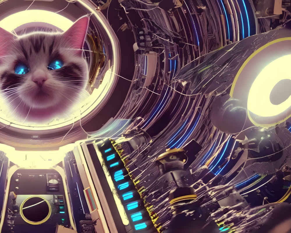 Giant floating cat's head above futuristic control panel with glowing elements