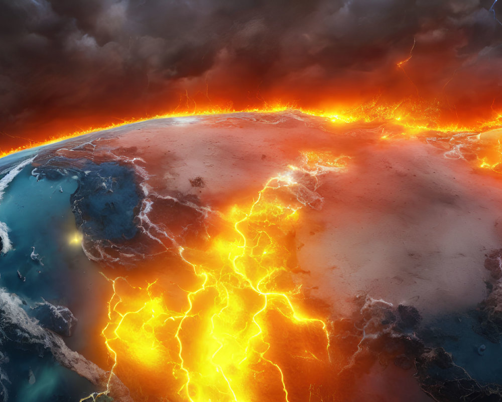 Half of Earth engulfed in fiery cracks, other half under stormy sky