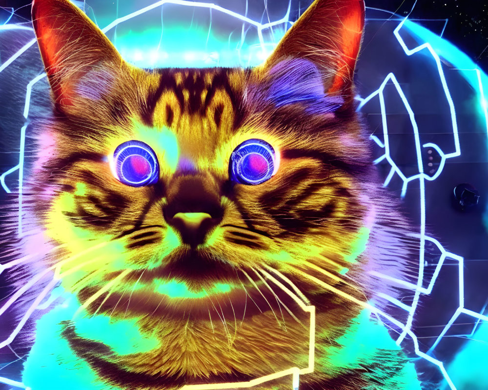 Colorful Cat Artwork with Glowing Blue Eyes and Neon Geometric Shapes