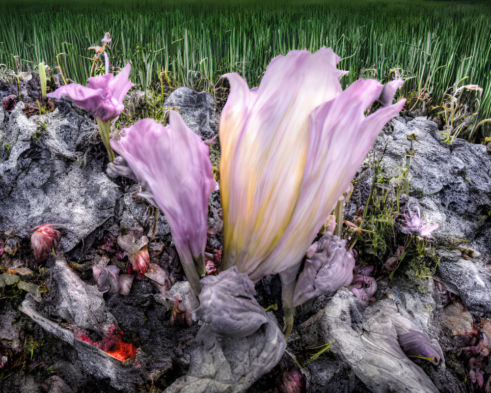 Pink flowers bloom among gray rocks with vibrant green grassy field.