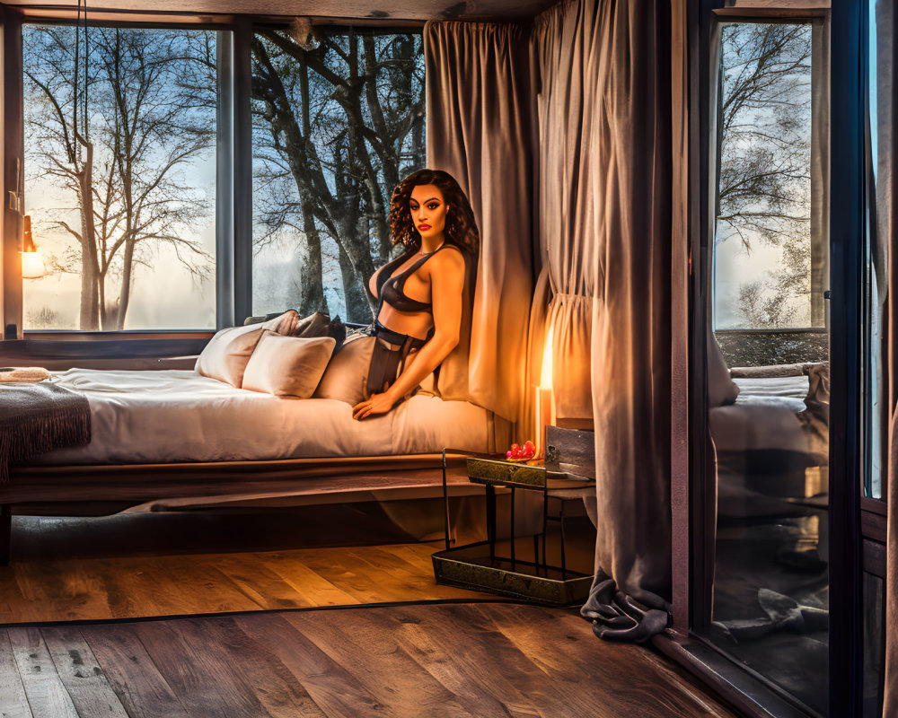 Woman in stylish attire sitting on bed in cozy room with sunset view and candles.