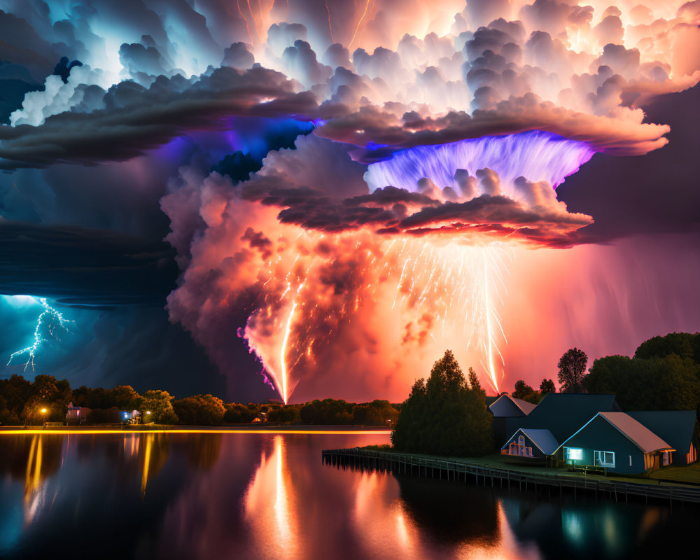Vivid lightning in dramatic storm over lake with colorful clouds & lakeside house