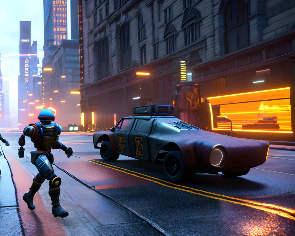 Futuristic police robot and patrol car on neon-lit city street at dusk