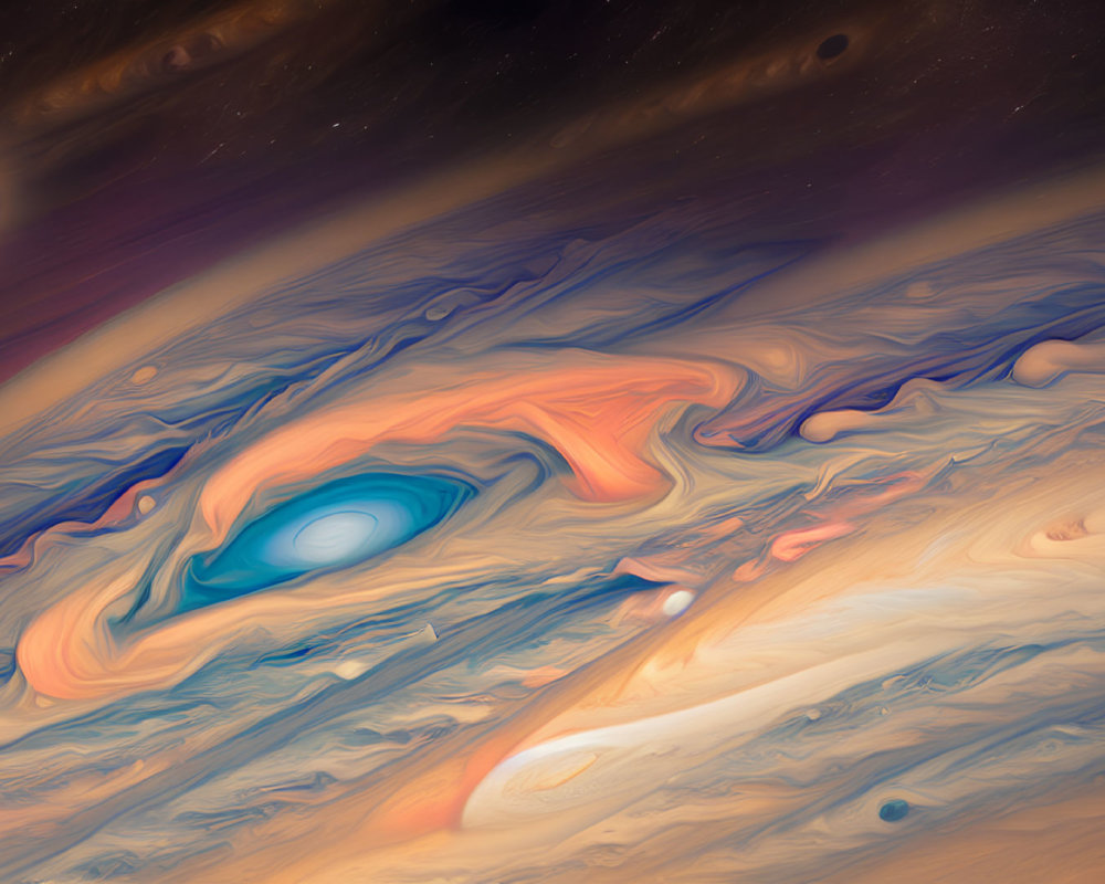 Colorful depiction of Jupiter's swirling gas clouds and storms under a sun-like star