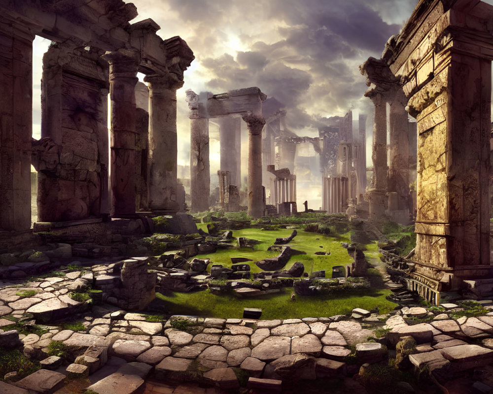 Dramatic sky illuminates majestic ruins with towering columns