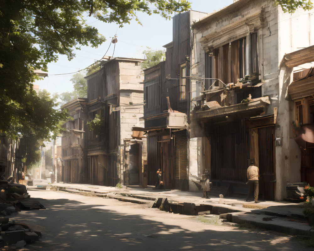 Old wooden buildings on a quaint street with people under hazy sunlight