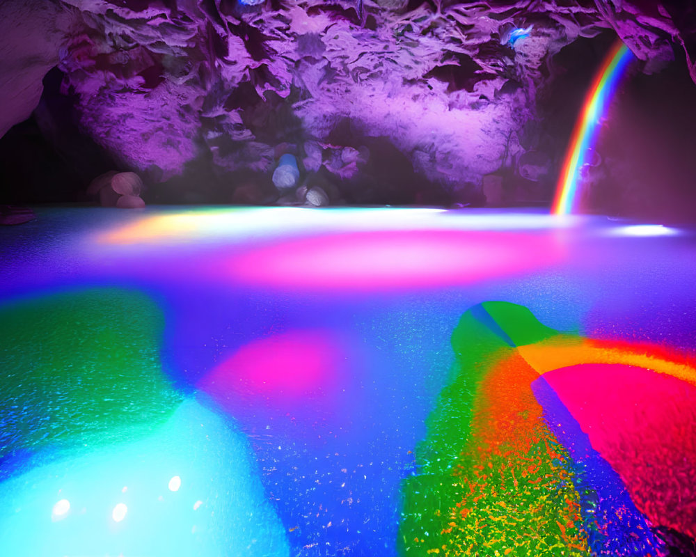 Vibrant rainbow reflected on glossy cave floor with eerie lighting