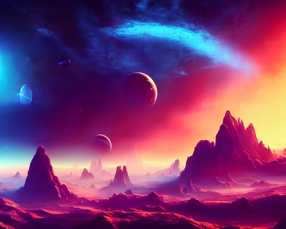 Fiery orange skies and rocky terrain in sci-fi landscape