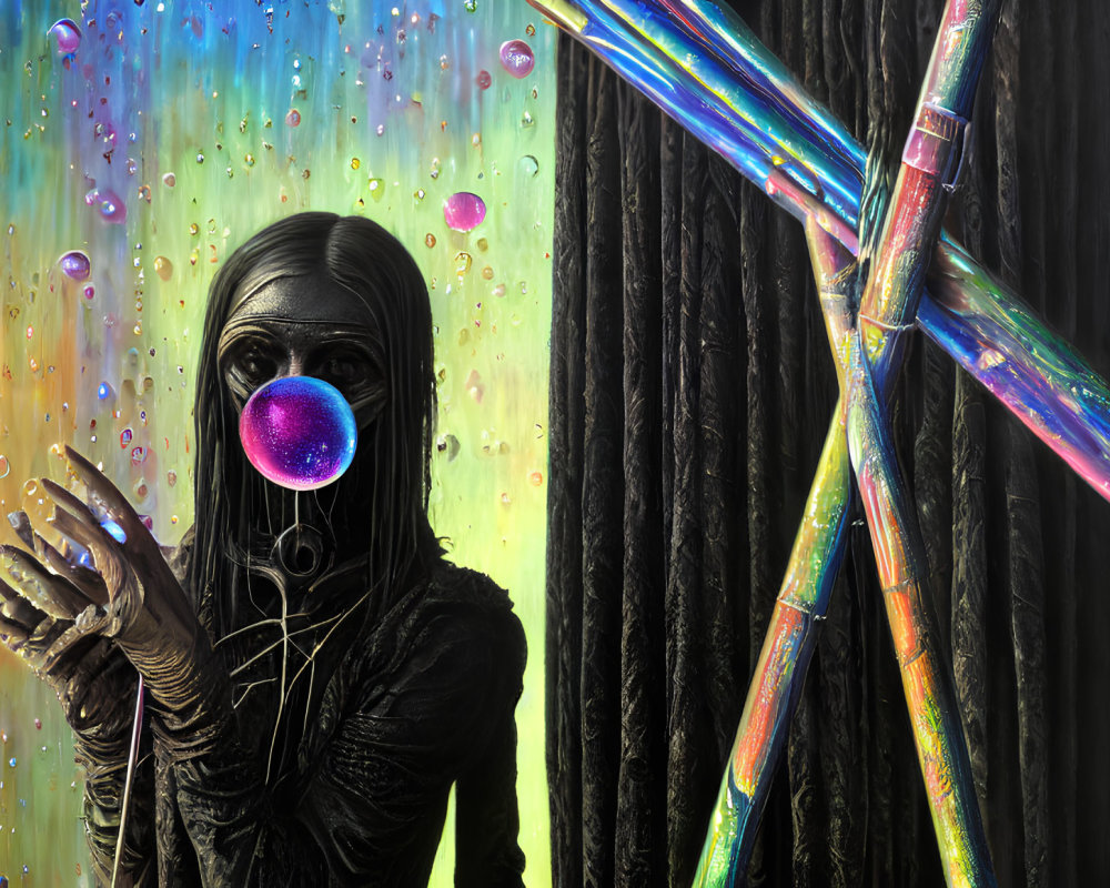 Dark Outfit, Long Hair, Pink Bubblegum Bubble, Colorful Tubes and Droplets