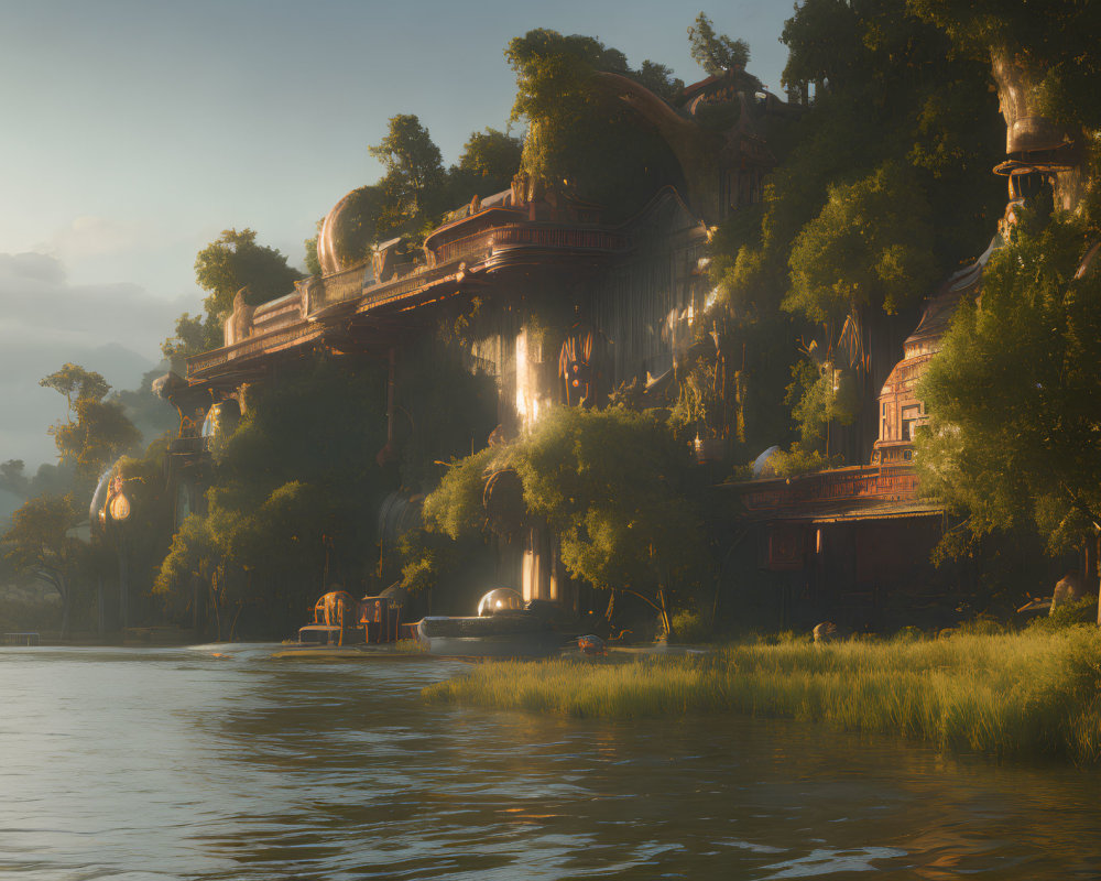 Riverside scene with tree-adorned cliffside architecture in warm sunlight