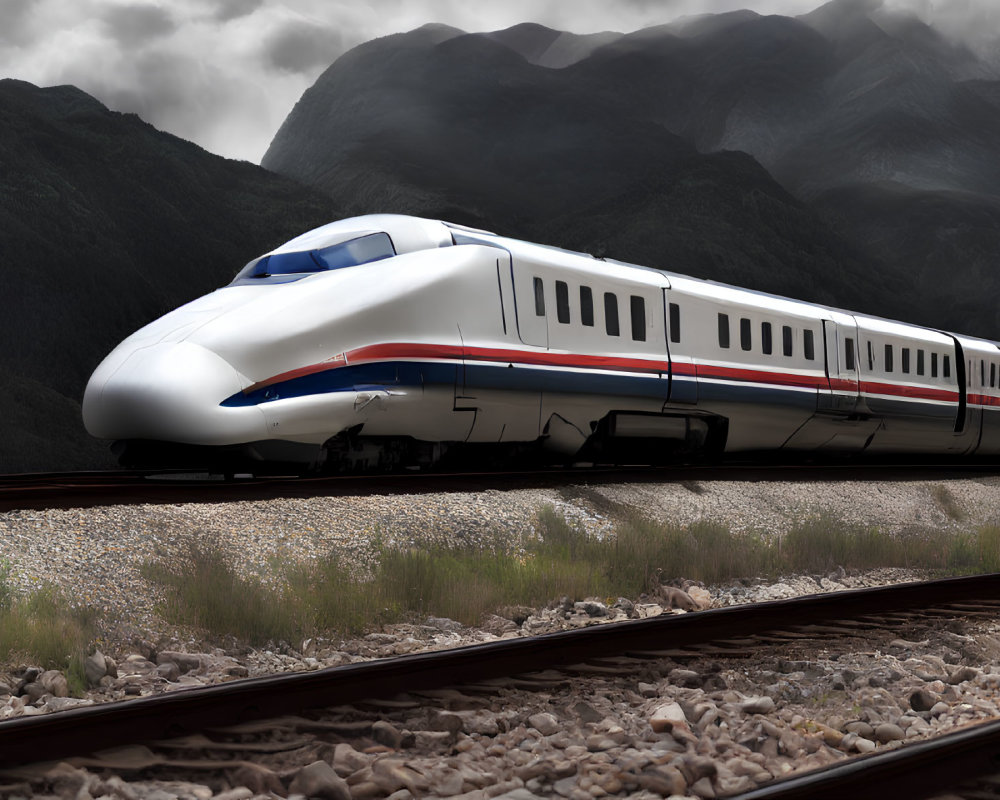 Sleek white and blue high-speed train in mountainous landscape