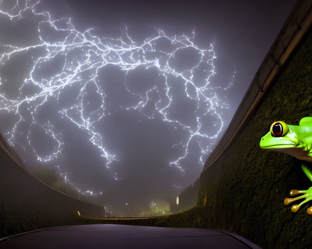 Colorful frog on dark road under lightning-filled sky