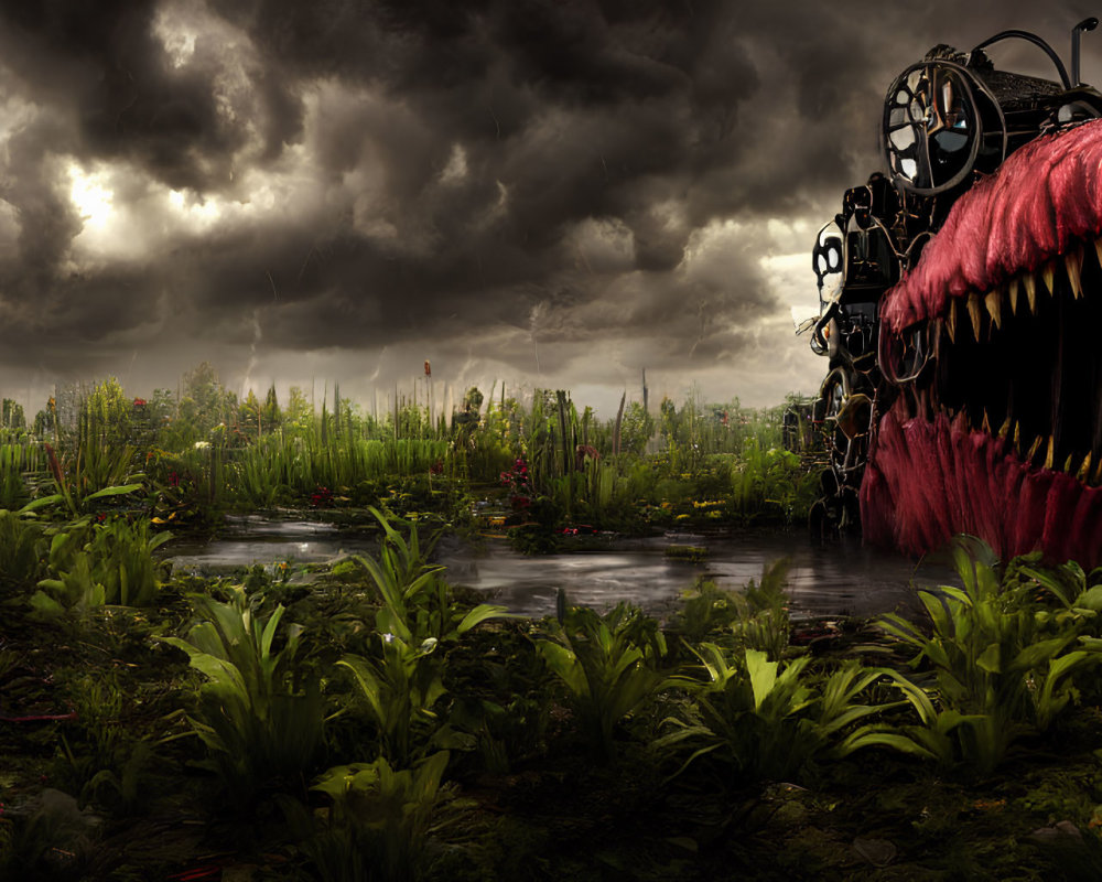 Menacing mechanical creature in fantastical swamp landscape