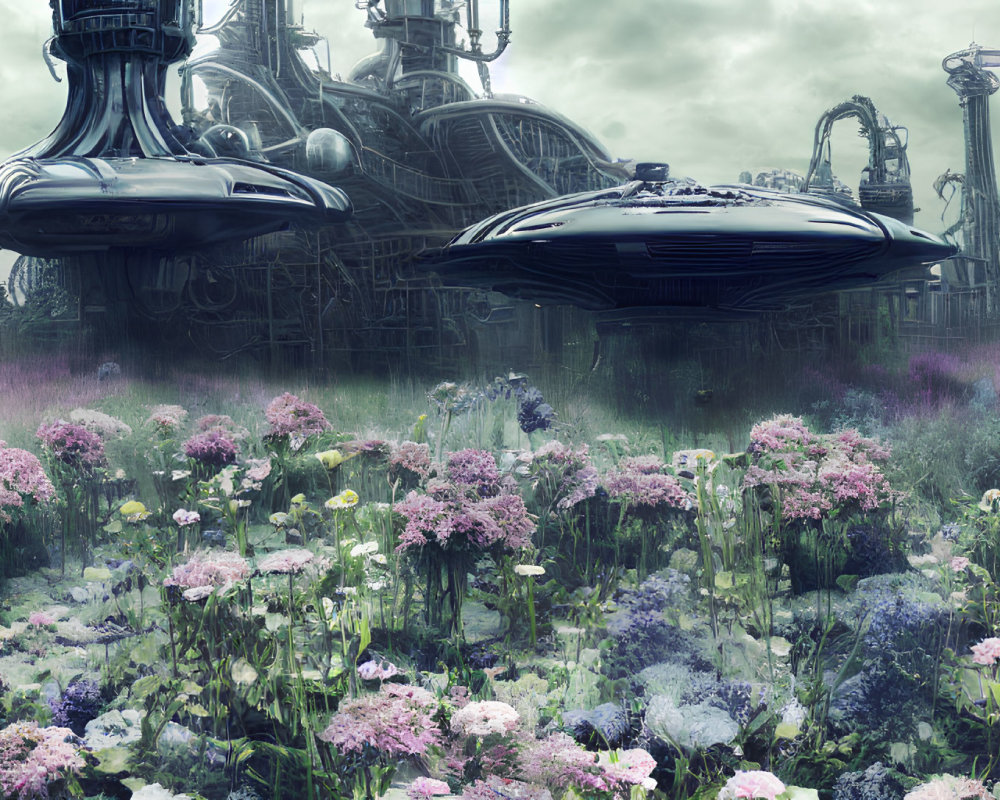 Colorful Wildflowers Against Futuristic Machinery and Ships Under Gloomy Sky