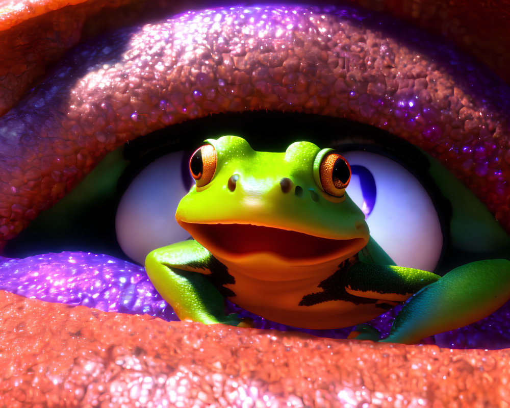 Vibrant green animated frog with orange eyes among purple rocks