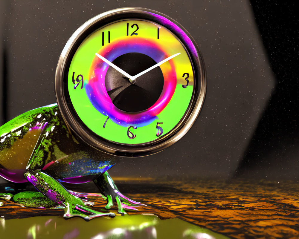 Colorful Frog Next to Rainbow Clock on Chrome Surface