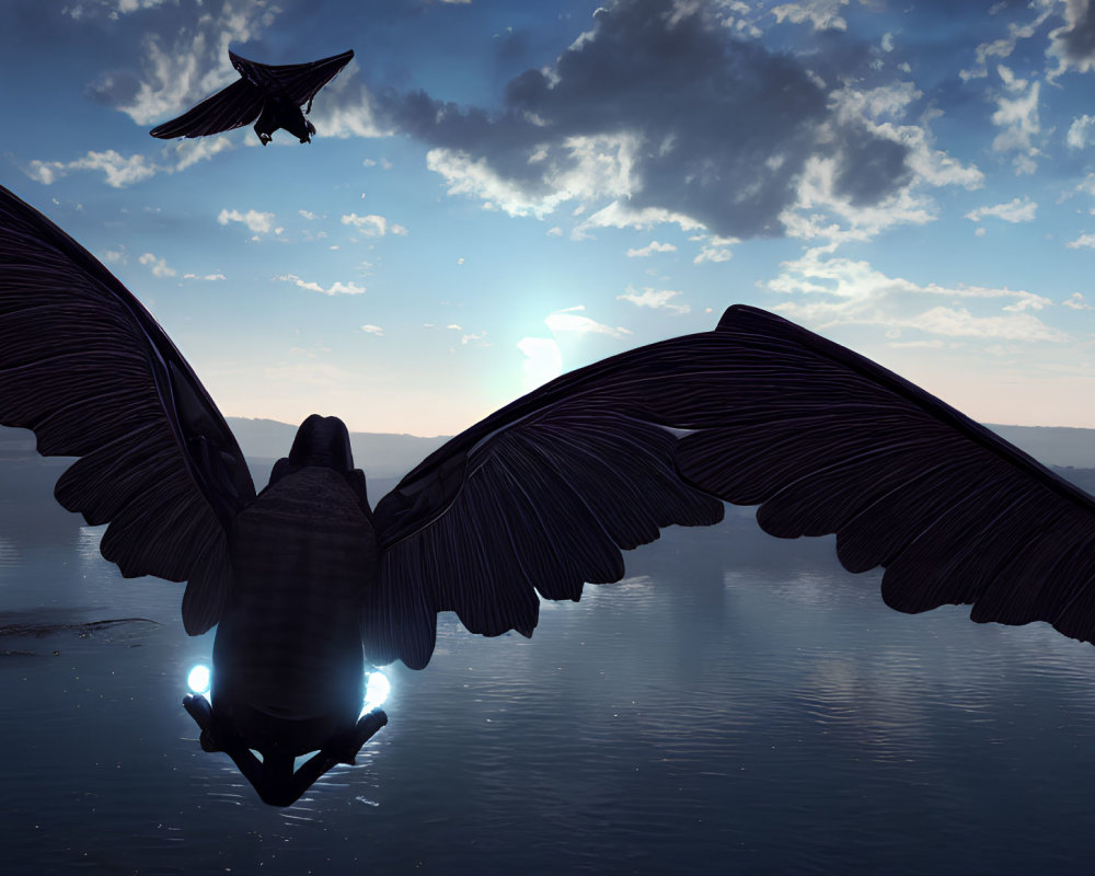 Large bird-like creatures flying over tranquil sea at dusk, one with detailed wings.