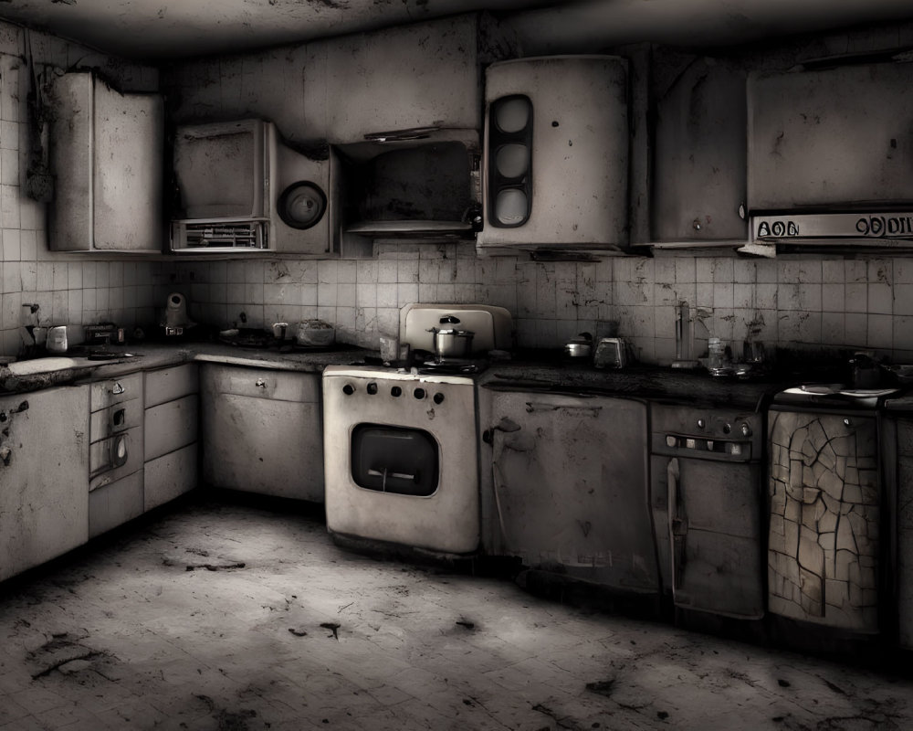 Monochrome image of dilapidated kitchen with dirty appliances