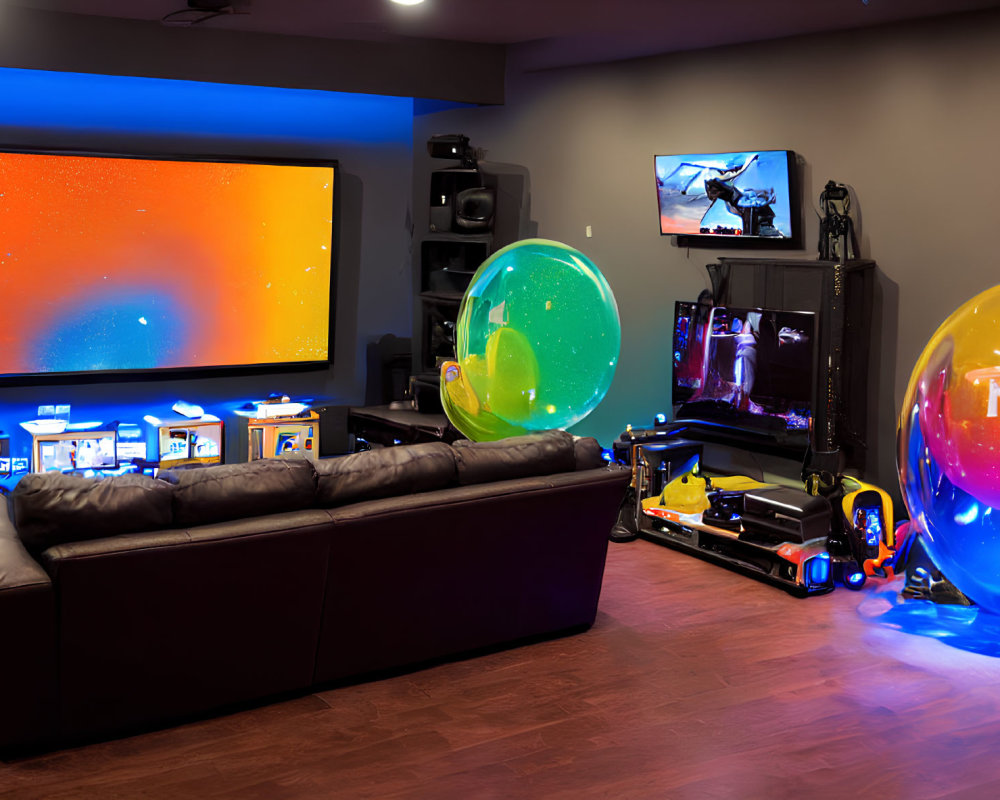 Spacious home entertainment room with large TV, colorful lighting, gaming setup, and unique balloon decor