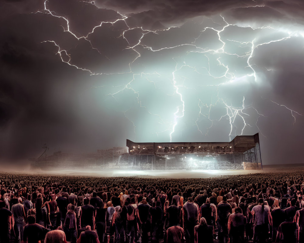 Nighttime outdoor concert with intense lightning bolts illuminating the sky