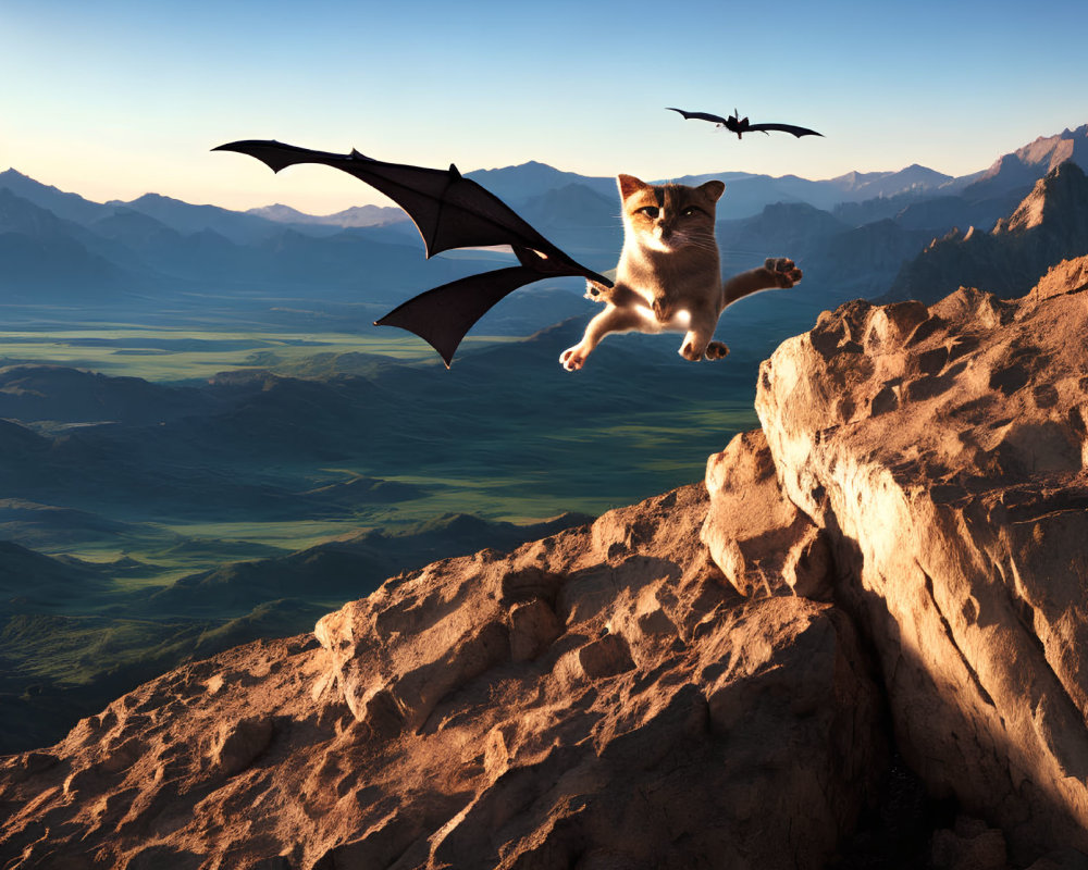 Cat with Bat Wings Gliding over Mountain Landscape at Sunset