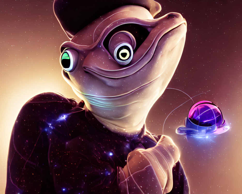 Anthropomorphic frog illustration in space-themed outfit with glowing purple spaceship
