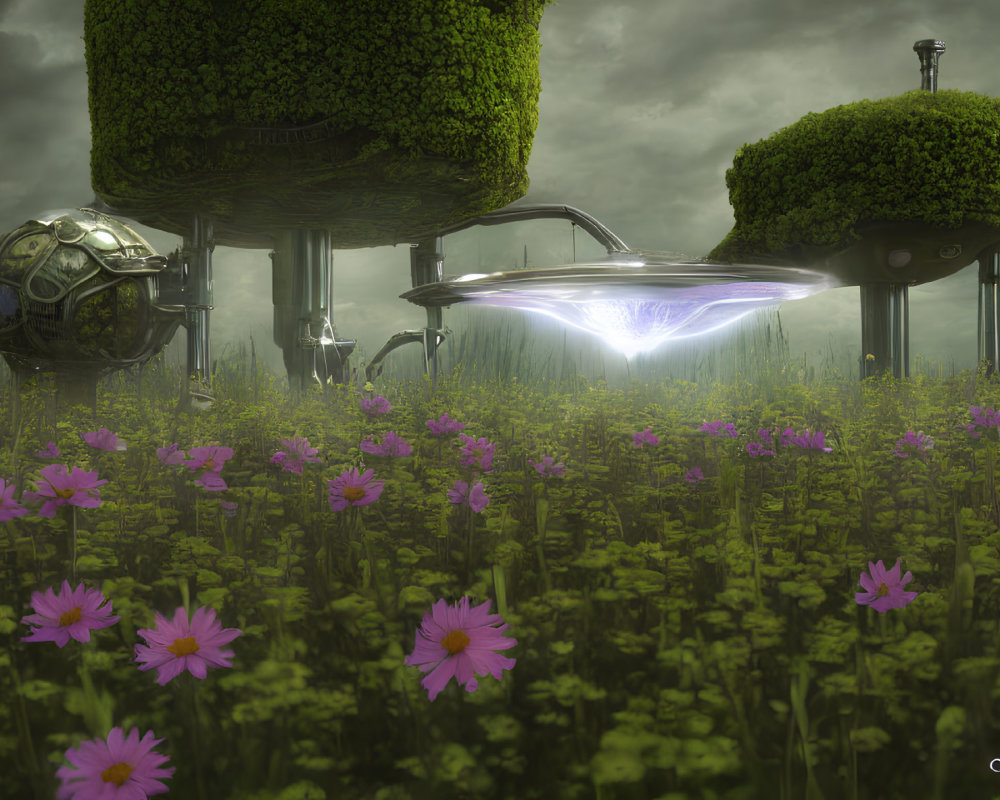 Futuristic floating structures over purple flower field with spaceship landing