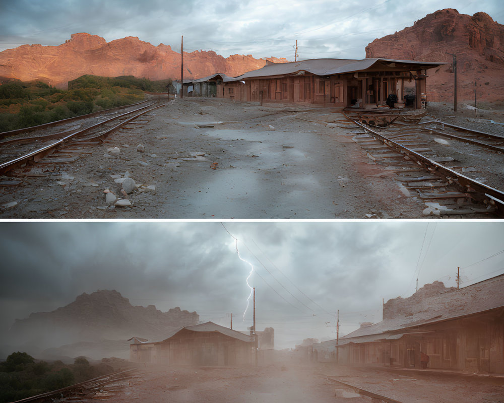 Transformation of old railway station from clear skies to stormy with lightning
