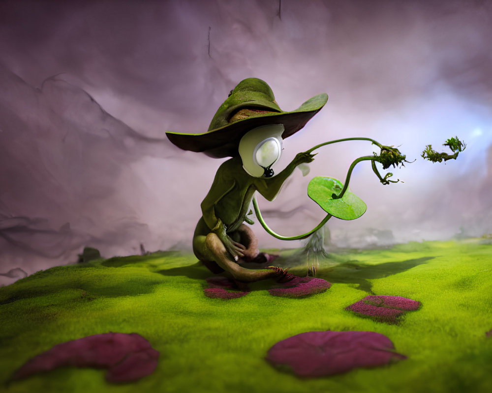 Illustration of mystical green creature with hat and lantern casting spell on blooming flower