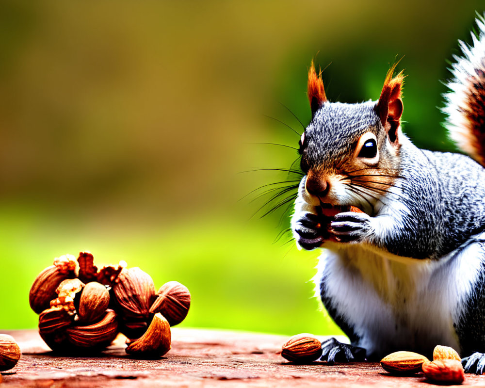 Bushy-tailed squirrel nibbling on a nut near a pile of nuts