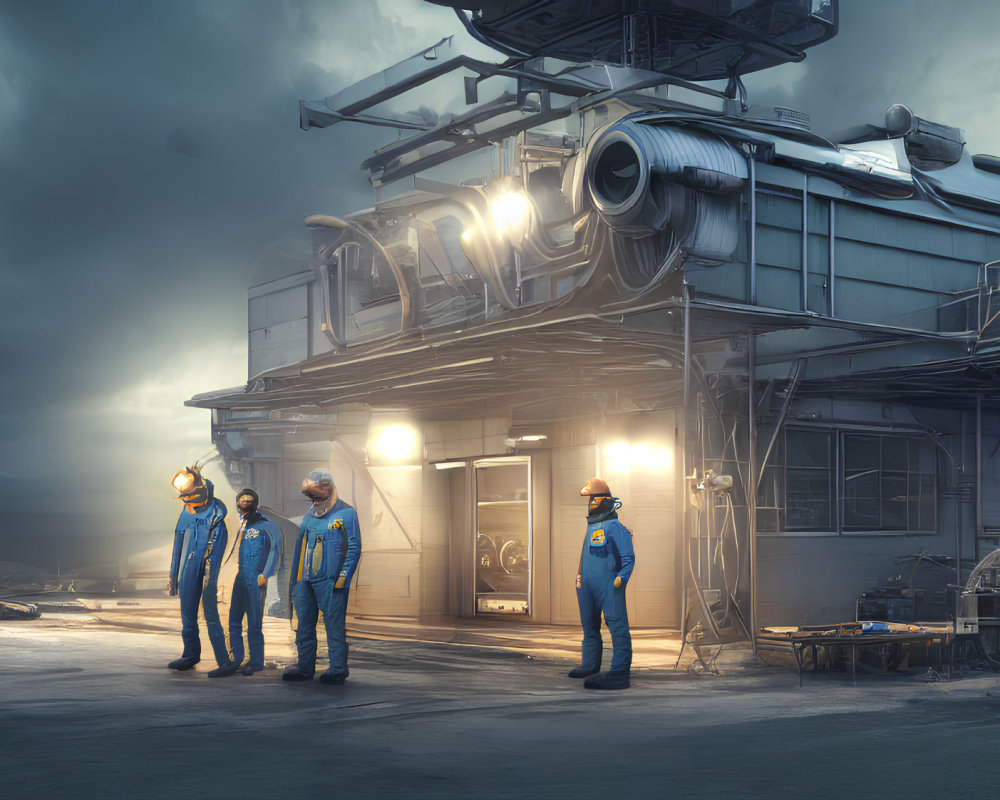 Three workers in blue overalls and hardhats at industrial building with large pipes under cloudy sky.