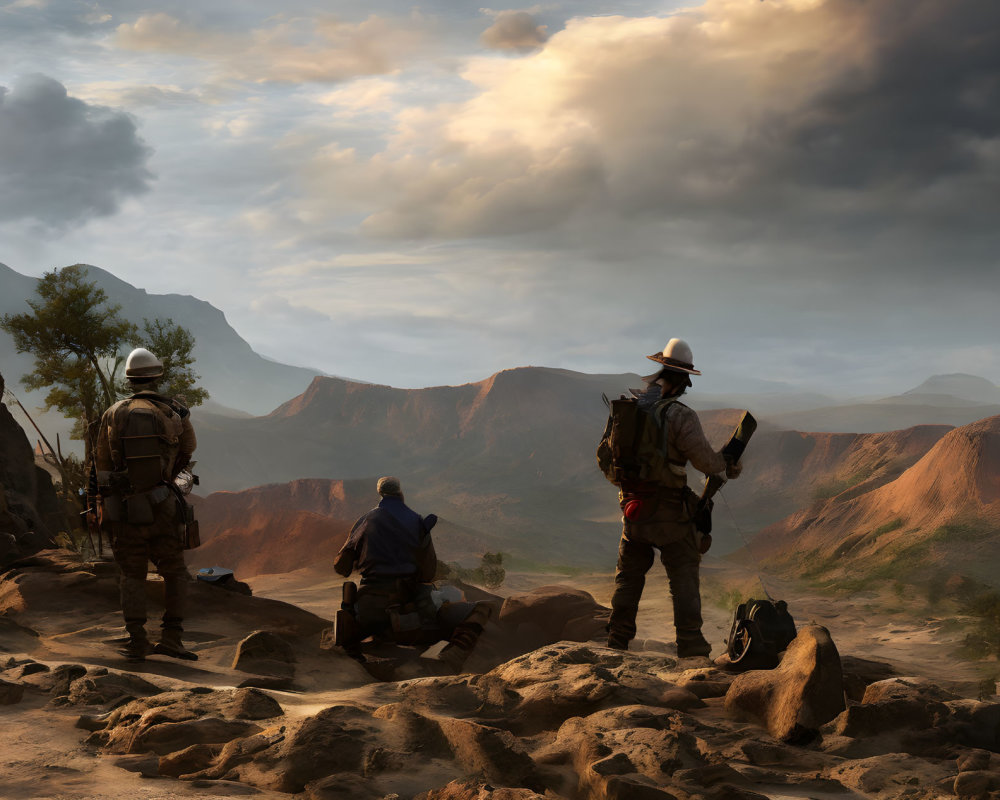 Explorers in rugged outfits at vast canyon under dramatic sky