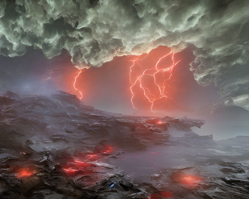 Dark clouds, lightning strikes, red embers on rocky terrain: dramatic alien landscape