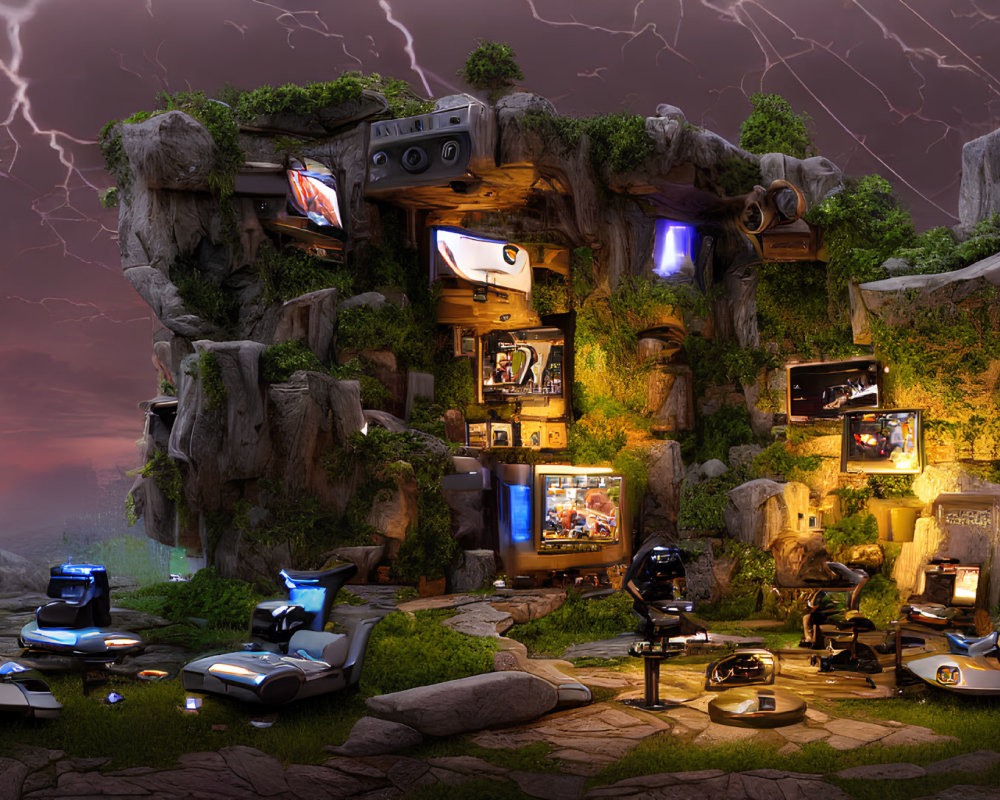 Fantastical gaming setup with multiple screens, moss-covered rocks, gaming chairs, consoles, and atmospheric
