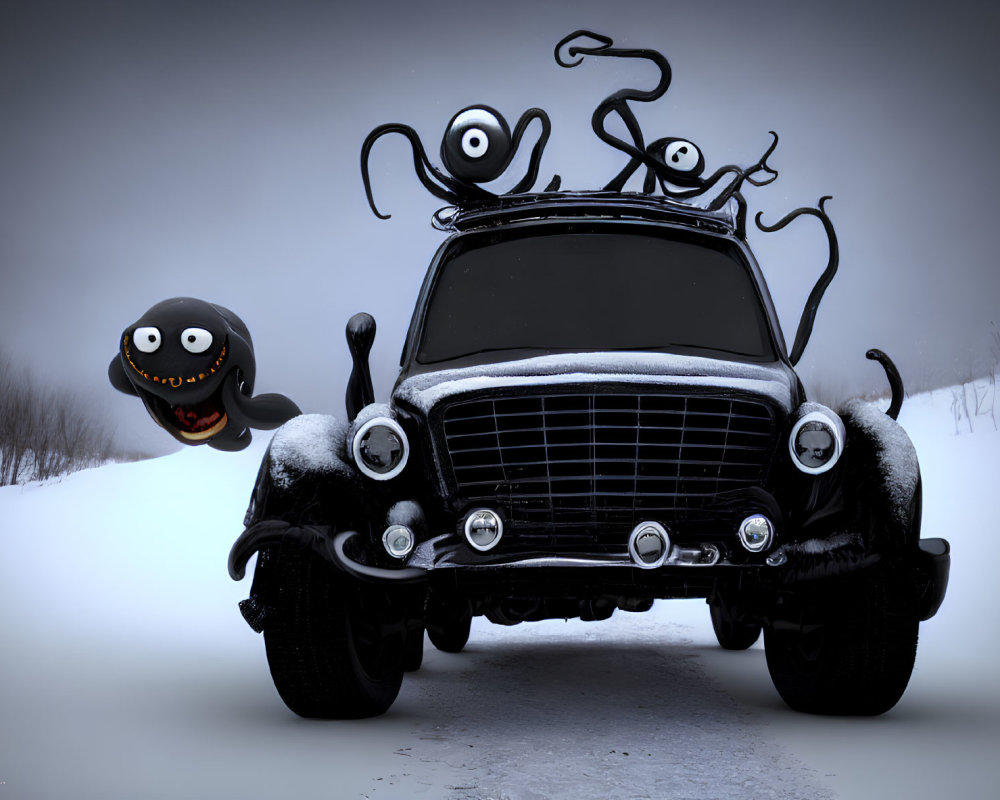 Whimsical black car with cartoon eyes and tentacles in snowy landscape.