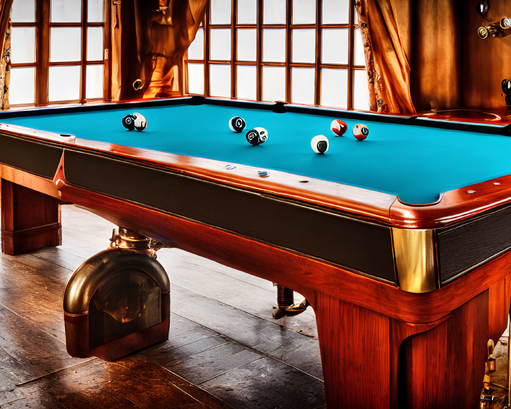 Luxurious Pool Table with Blue Felt Surface and Wooden Frame in Vintage Room