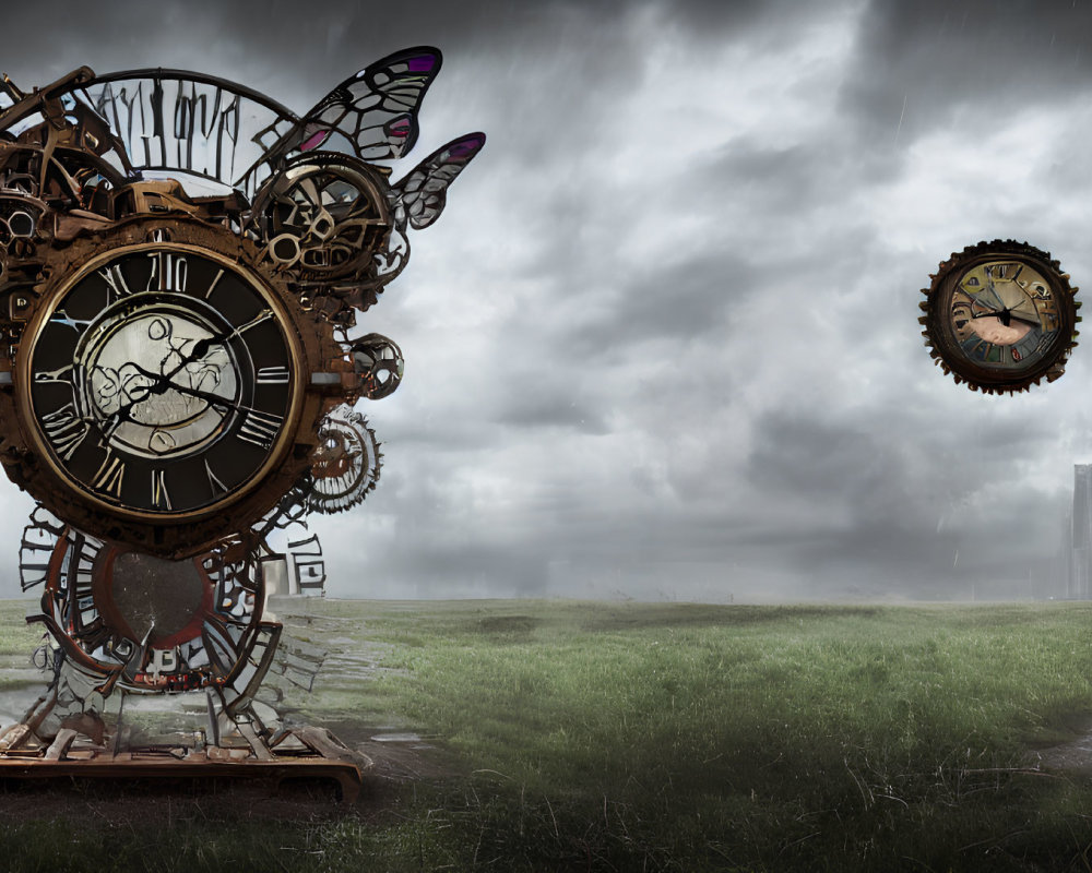 Steampunk-style Clock Sculpture with Gears and Butterflies in Industrial Landscape