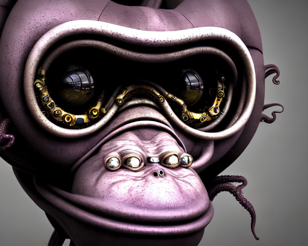 Surreal 3D rendering of creature with multiple eyes and tentacles in metallic purple palette