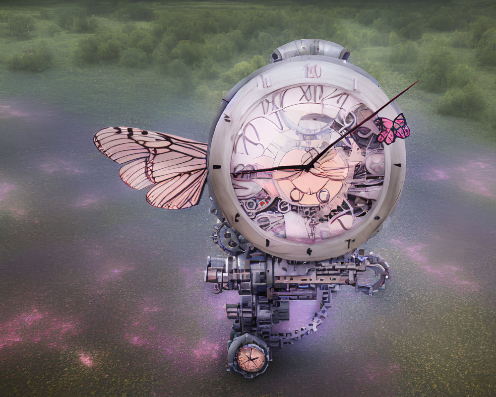 Transparent clock with Roman numerals and butterfly wings on chain-like structure in floral field