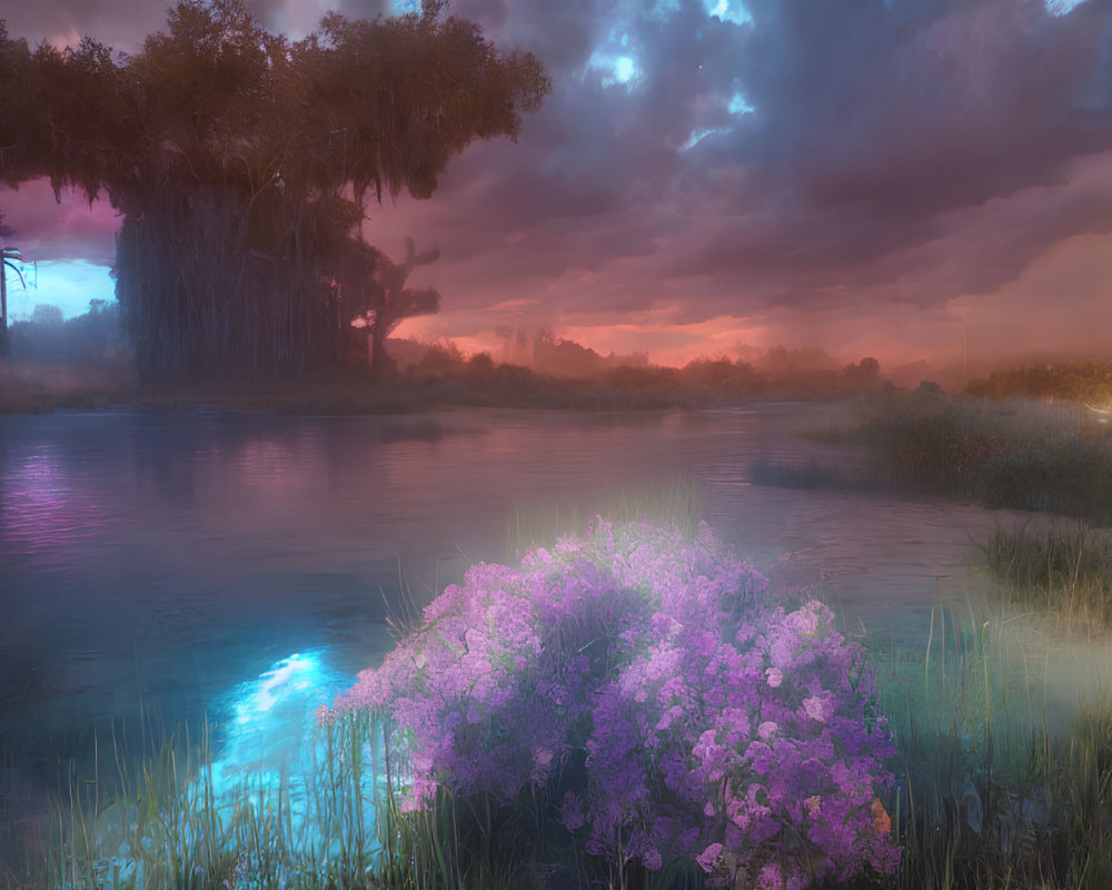 Twilight landscape with purple bush, pond, and vibrant sky