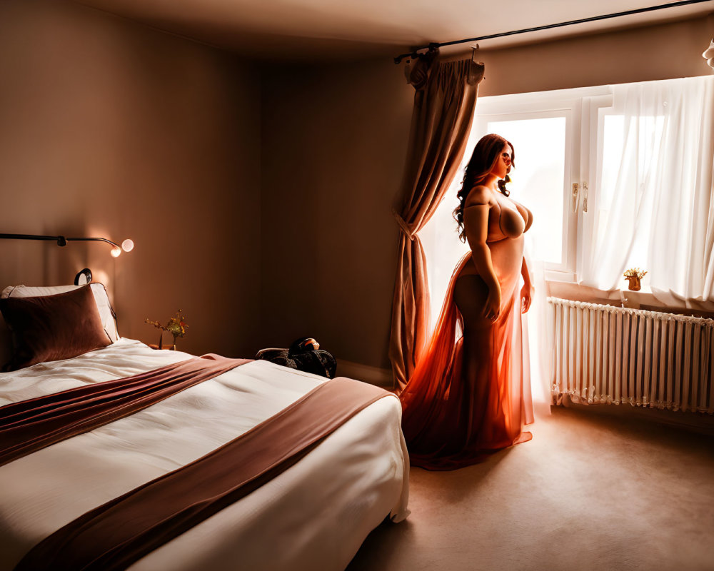 Woman in flowing dress by warmly lit bedroom window
