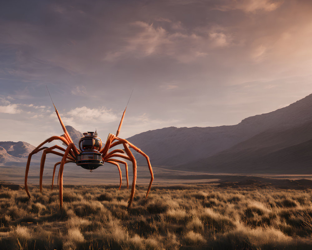 Giant mechanical spider in barren landscape with mountains and hazy sky