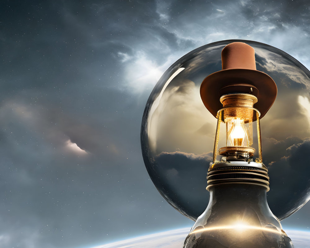 Glowing light bulb with brown hat floating above Earth against clouds and space