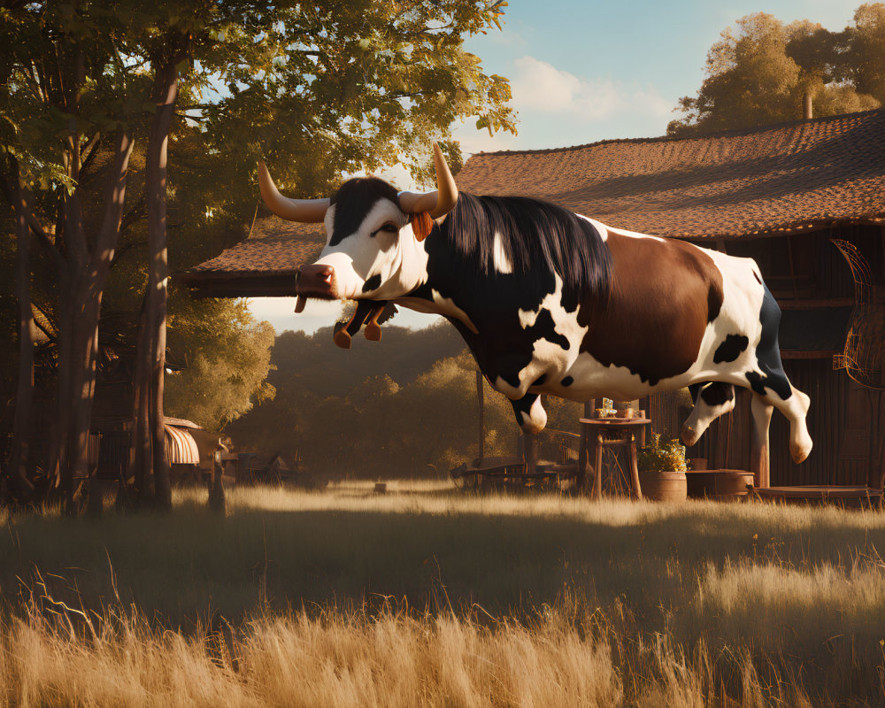 Stylized animated cow floating above grassy field with barn and trees