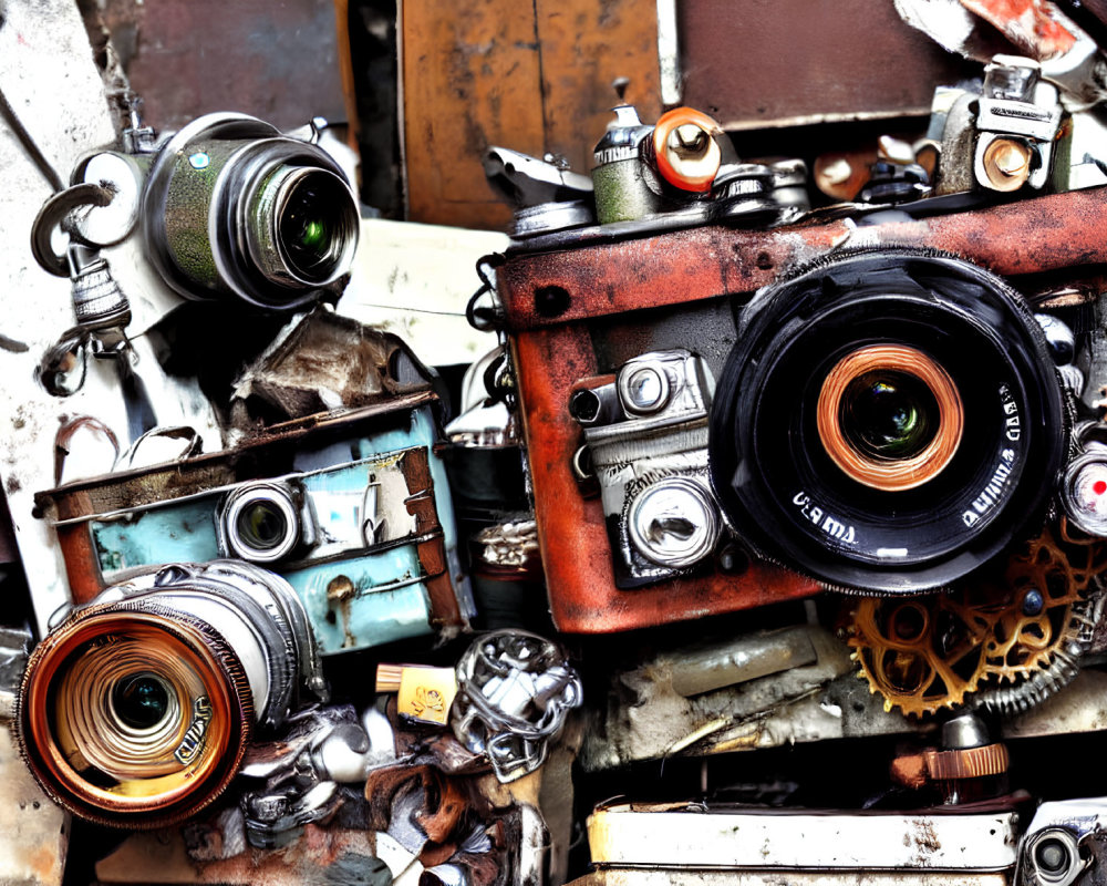 Assorted vintage cameras, mechanical parts, and spray cans on rustic metal.