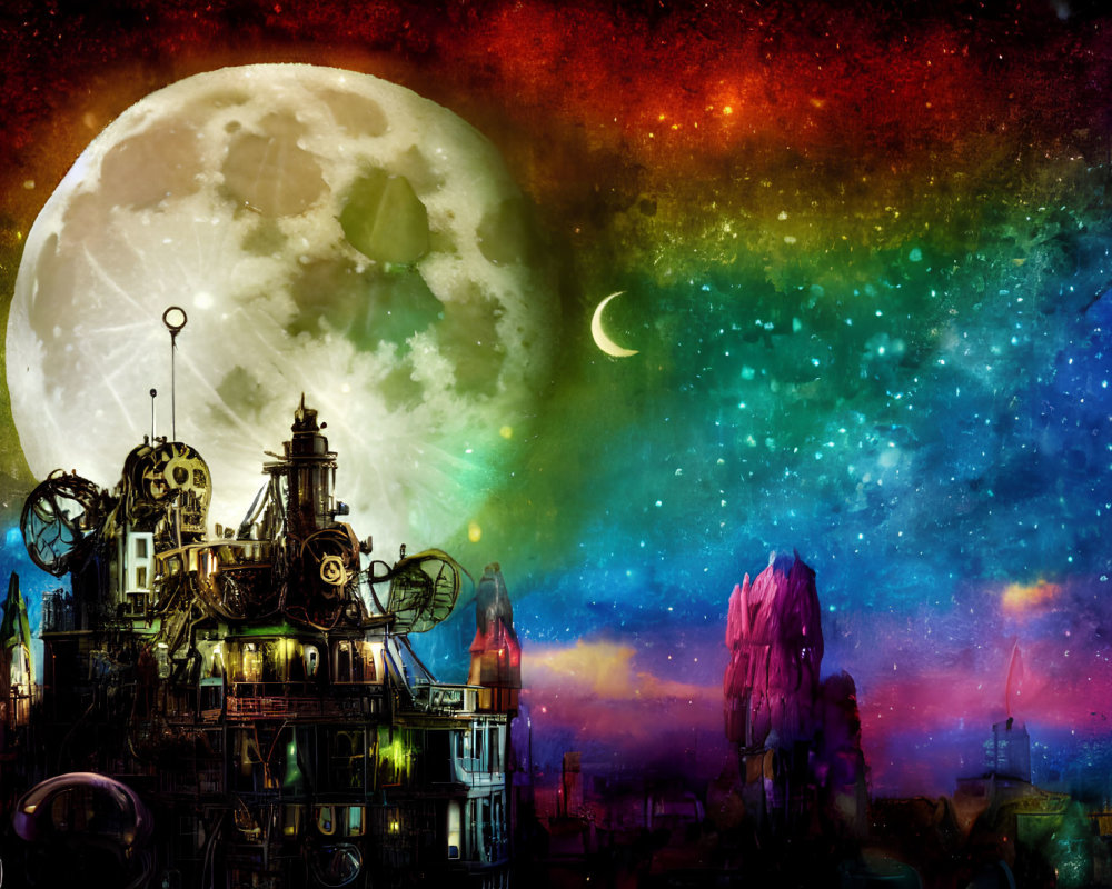 Steampunk cityscape under cosmic sky with moon, stars, and nebula aurora.
